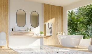 Modern Bathroom interior design on white wall.